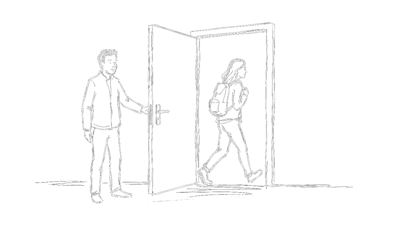 A hand holding a door open for someone walking through