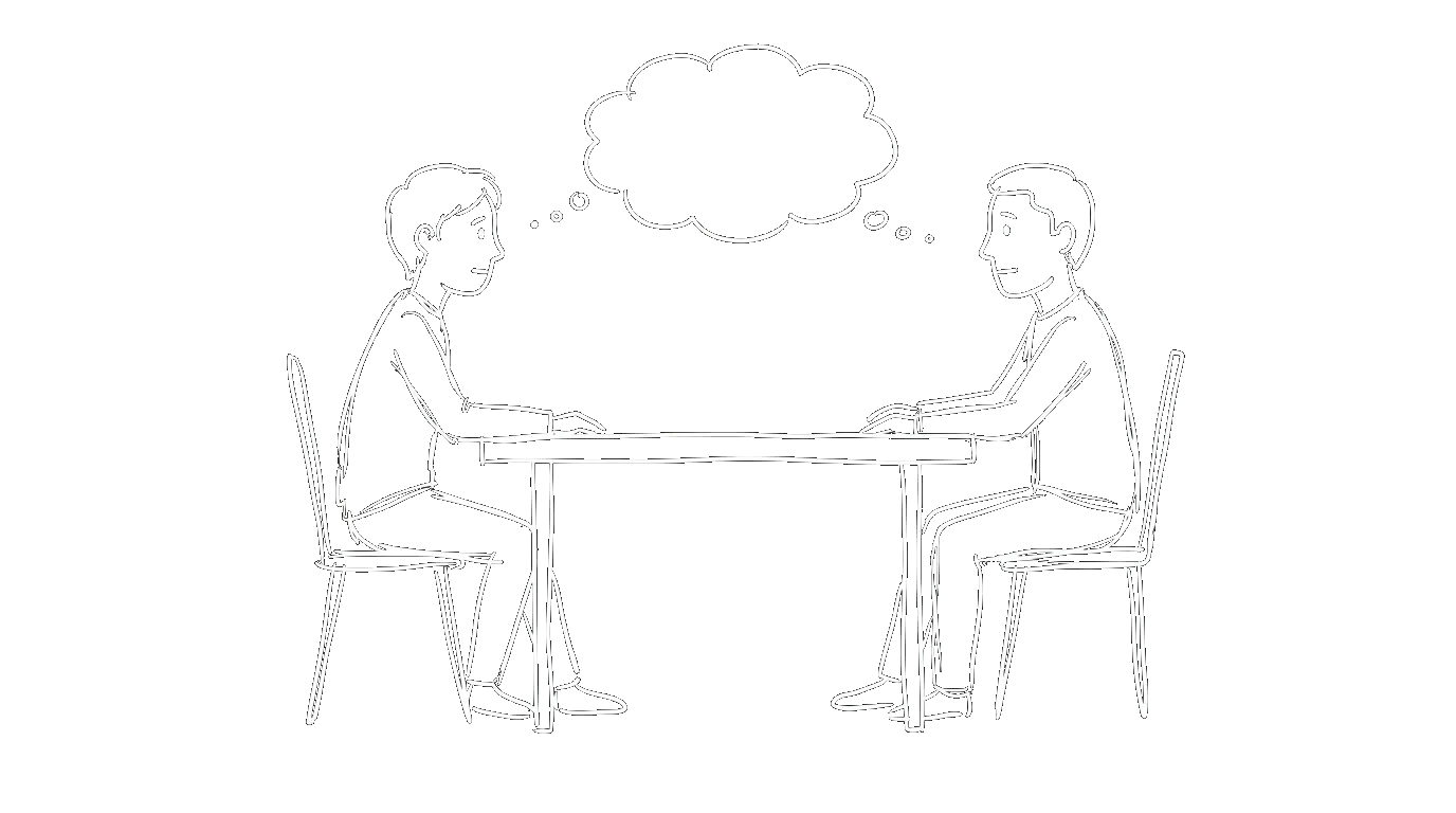 Two people at a table with an empty thought bubble