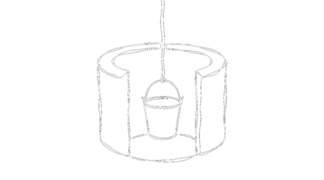 A bucket lowered into a dry well