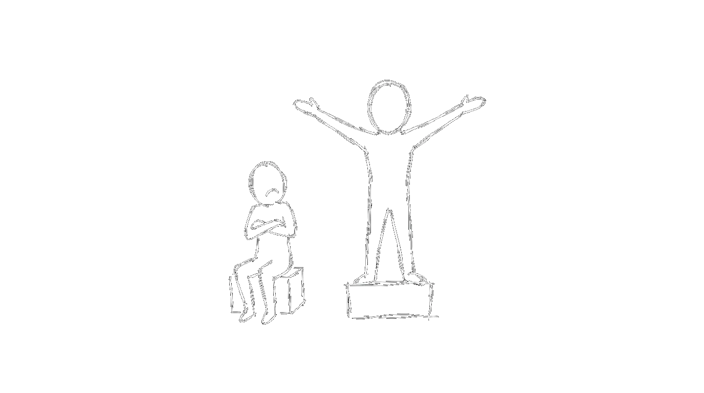 A person posing on a pedestal while another sits unimpressed